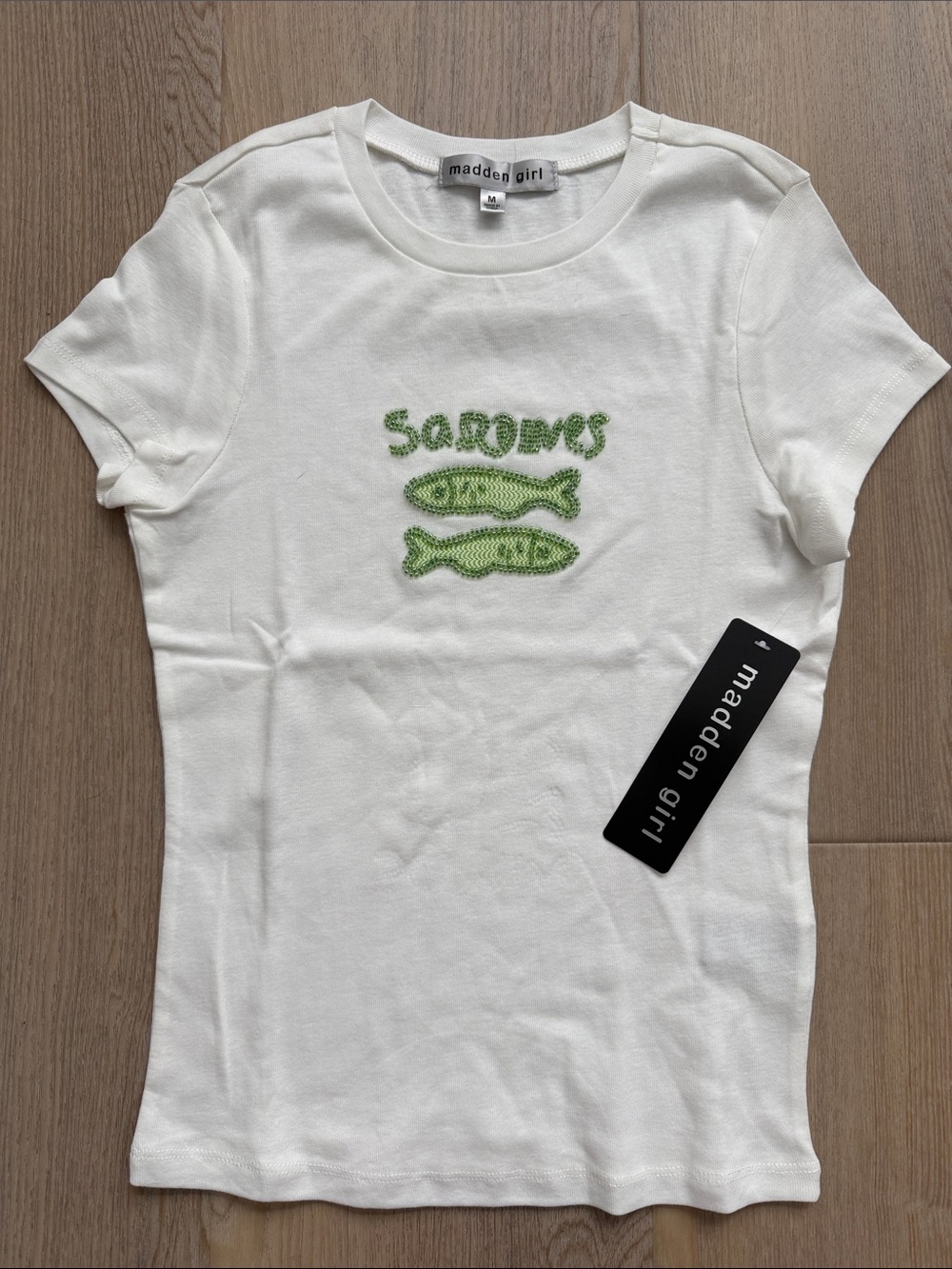 NWT Madden Girl White Tee with Green Fish Embroidery